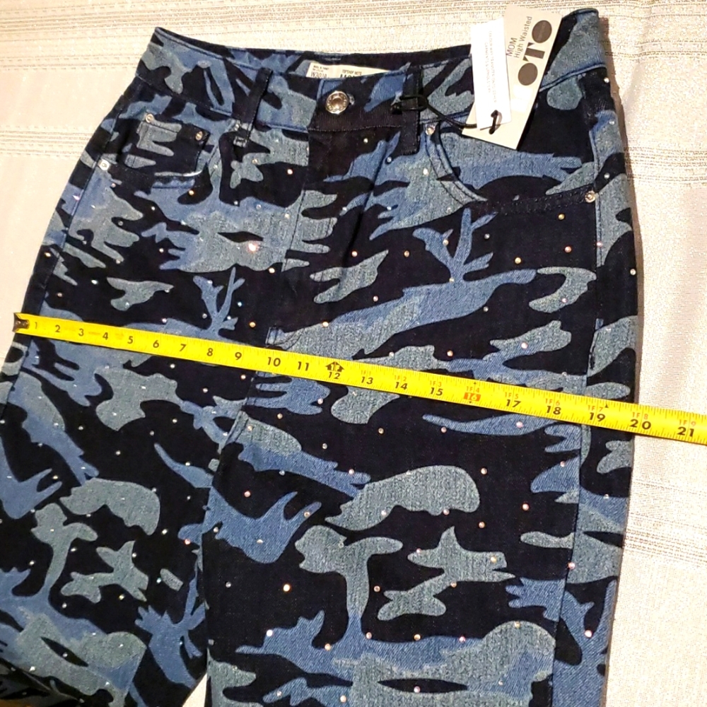 Topshop NEW Moto Mom Jeans High Waisted Jewel Studs Camo Diamante Denim Women's - Picture 12 of 17